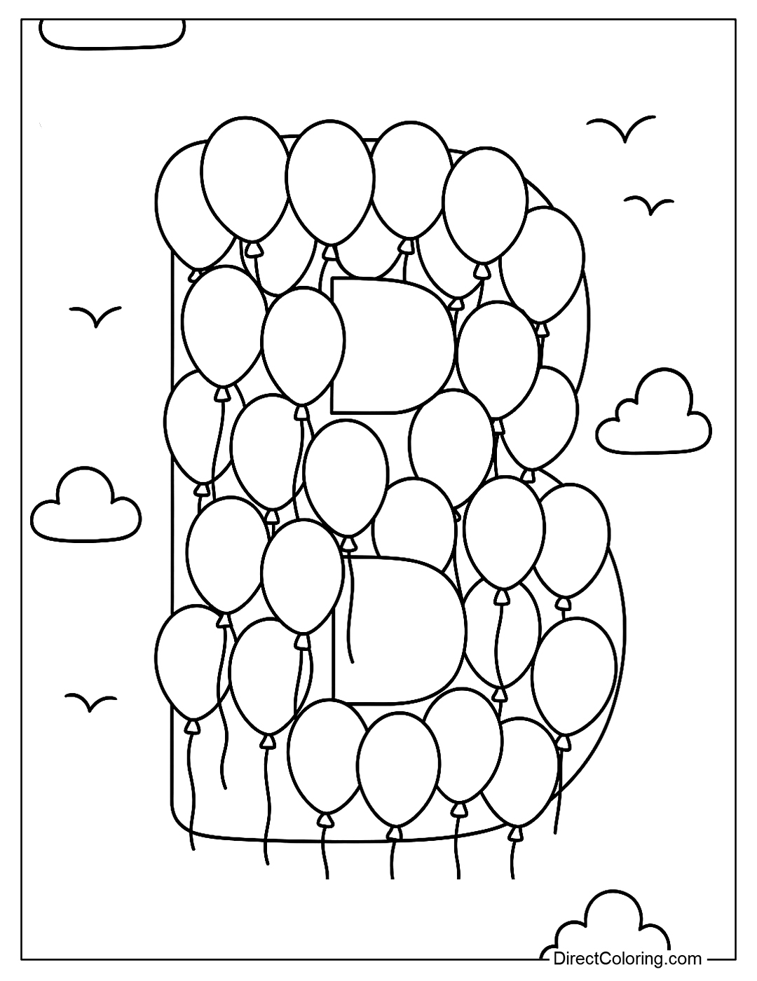 A letter B coloring page is made up of many balloons flying into the sky.